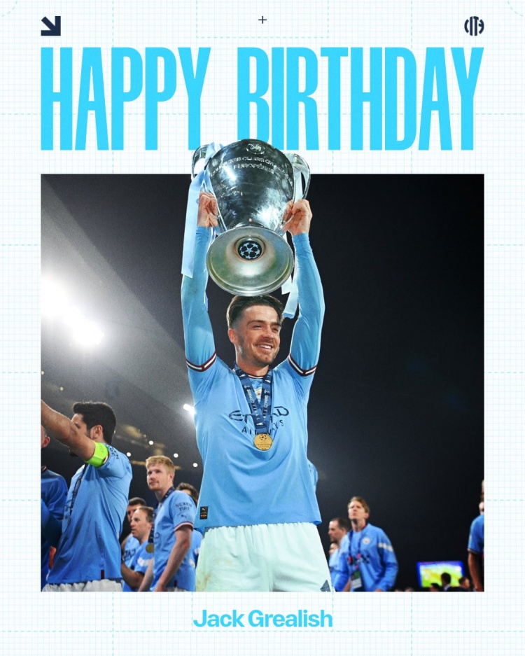 世界杯决赛-曼城祝格拉利什30岁生日快乐，球员为蓝月出战157场17球23助